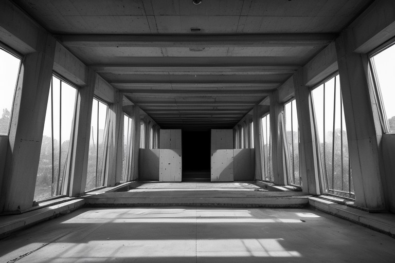 Schwarzweißfotografie eines langen, leeren Korridors mit großen Fenstern, die Schatten auf den Boden werfen.